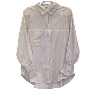 Women's Wrinkle-Resistant Smocked Cuffed Striped Button Shirt. Size Large.